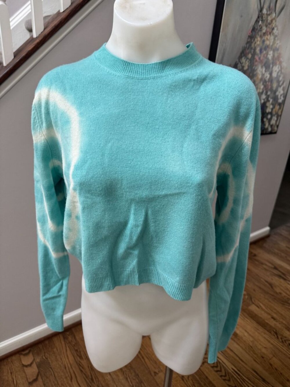 The Elder Statesman Molecule Crop Tie Dye Wool Cashmere Sweater Blue Small
